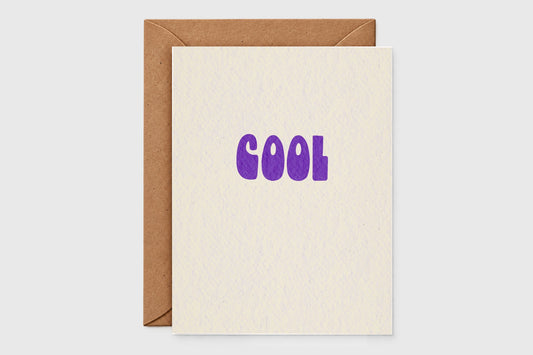Minimalist Cool card with chunky purple retro letters on speckled cream