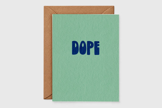 Minimalist Dope card with bold navy retro letters on sage green