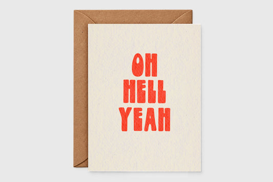 Oh Hell Yeah card with bold red-orange retro letters on speckled cream