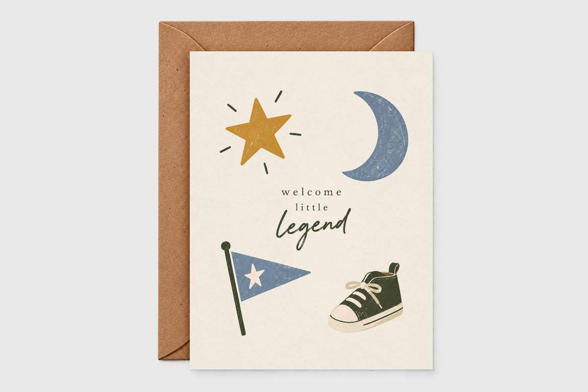 Welcome Little Legend new baby card with star, moon, pennant flag and sneaker illustrations on cream background
