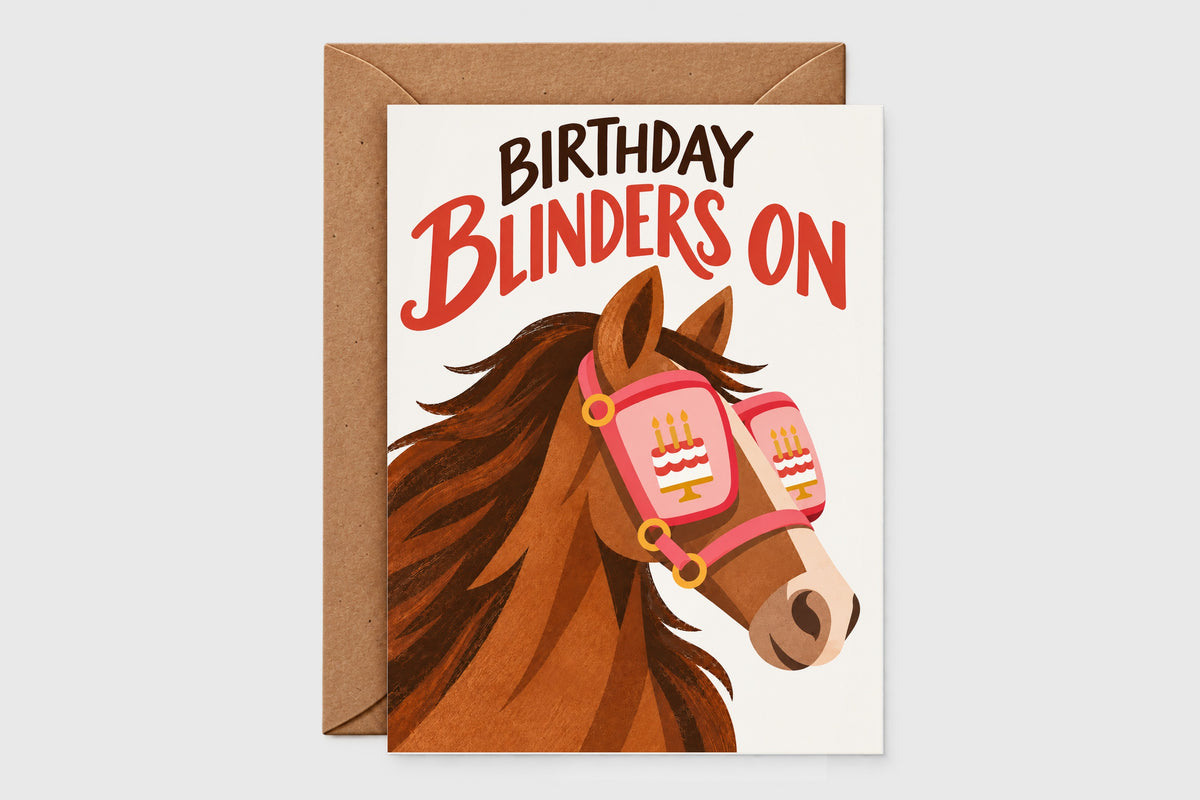 Birthday Blinders On horse birthday card with cake-print blinders on brown horse illustration, cream background