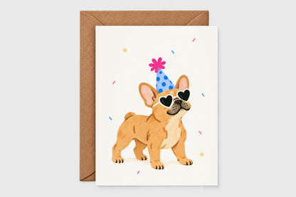 Frenchie birthday card – French bulldog in a party hat and heart sunglasses, with kraft envelope