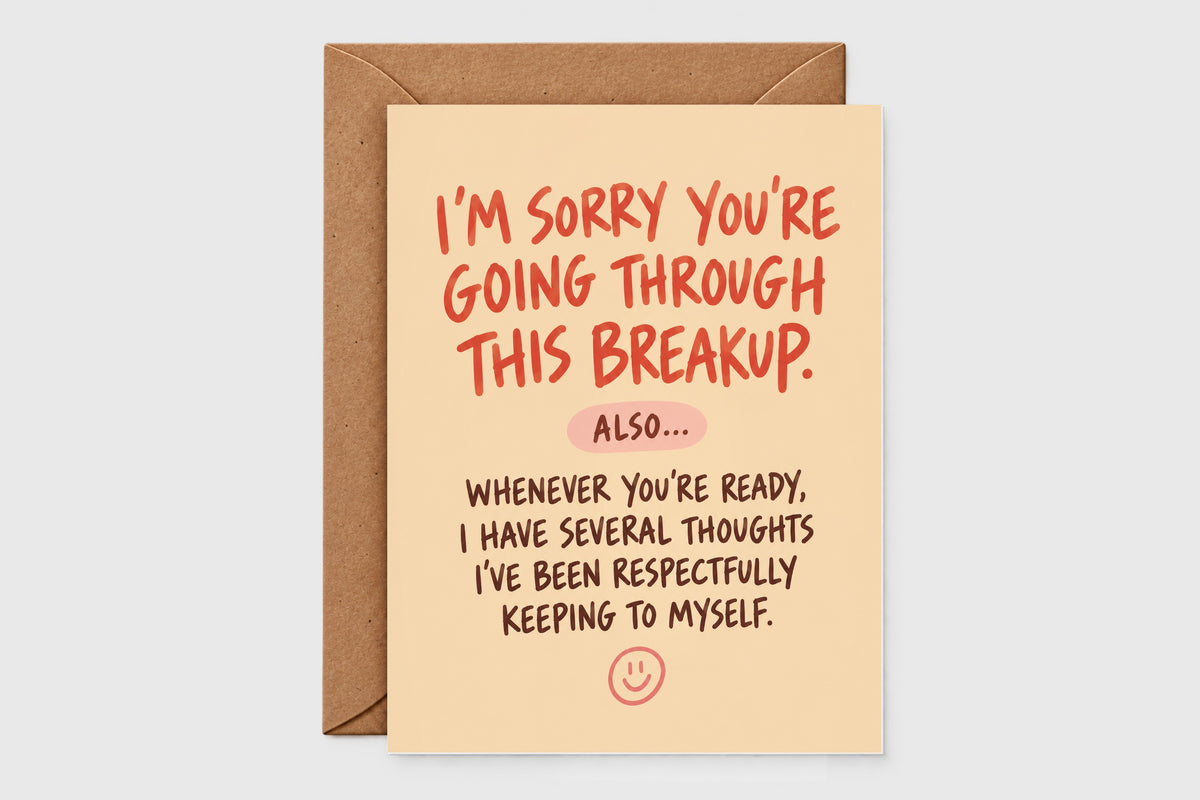 I'm sorry you're going through this breakup funny card with red and brown hand lettering on beige background