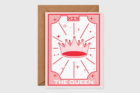 'The Queen' tarot-style card in pink and red with a jeweled crown in a sunburst