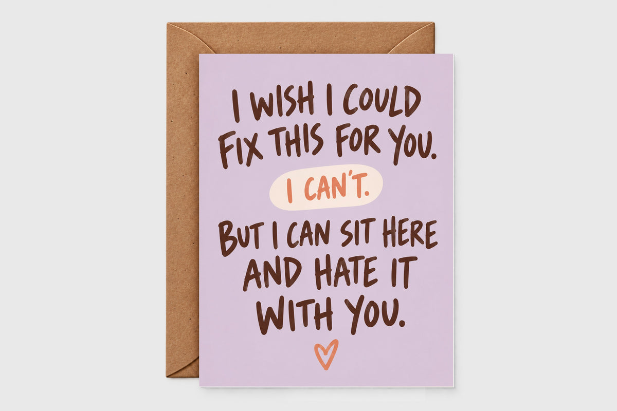 I wish I could fix this sympathy card with hand-lettered text on lavender background and orange heart accent