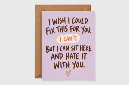 I wish I could fix this sympathy card with hand-lettered text on lavender background and orange heart accent