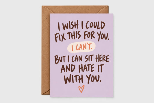 I wish I could fix this sympathy card with hand-lettered text on lavender background and orange heart accent