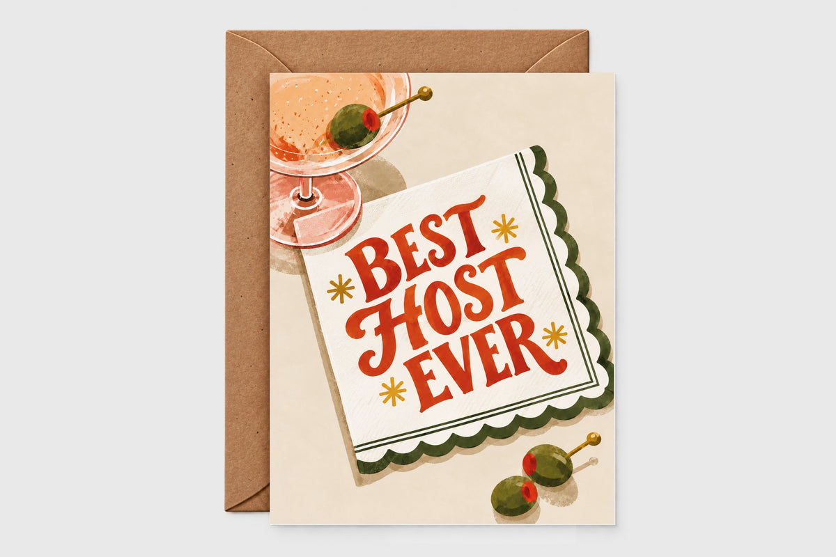Best Host Ever thank you card with retro cocktail napkin lettering, martini glass and olives on beige background