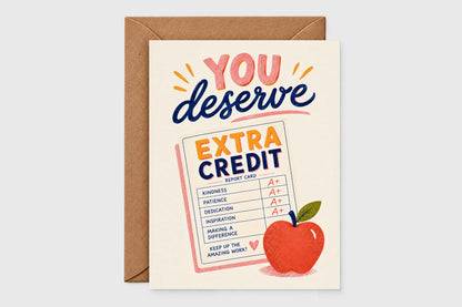 You Deserve Extra Credit teacher thank you card with report card design and apple illustration on cream background