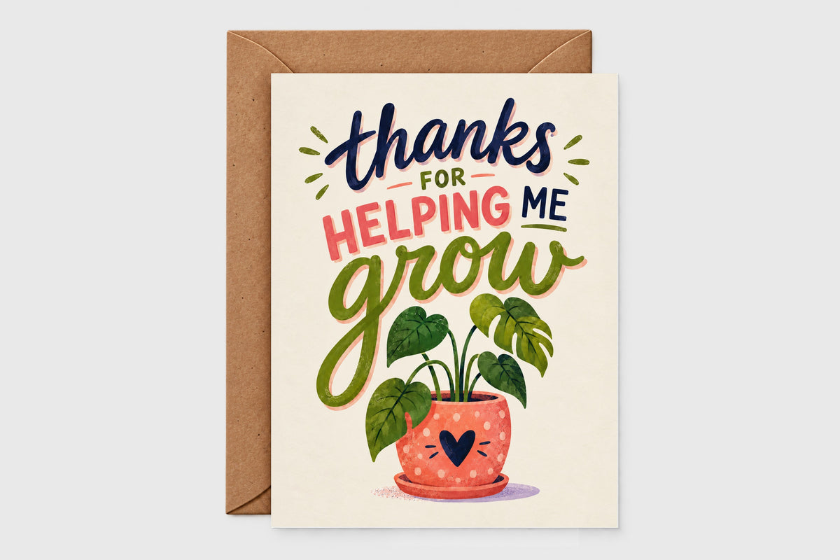 Thanks for Helping Me Grow teacher thank you card with potted plant illustration in coral pot on cream background