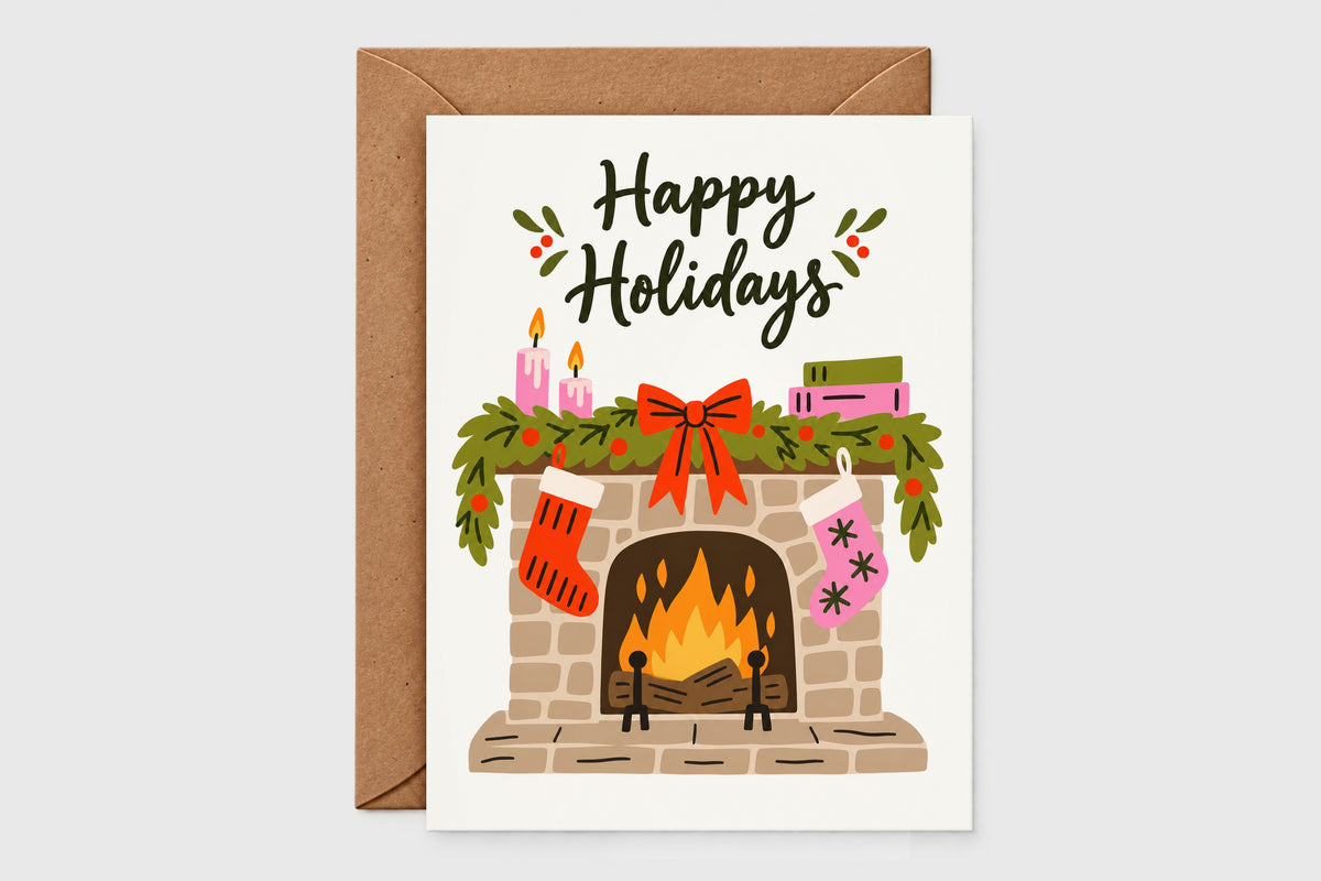 Happy Holidays Christmas card with illustrated fireplace mantel, stockings, garland and candles in red and green