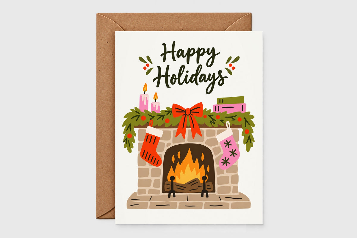 Cozy fireplace Happy Holidays Christmas card – part of the cozy Christmas card set of 3
