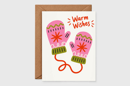 Warm Wishes pink mittens Christmas card – part of the cozy Christmas card set of 3