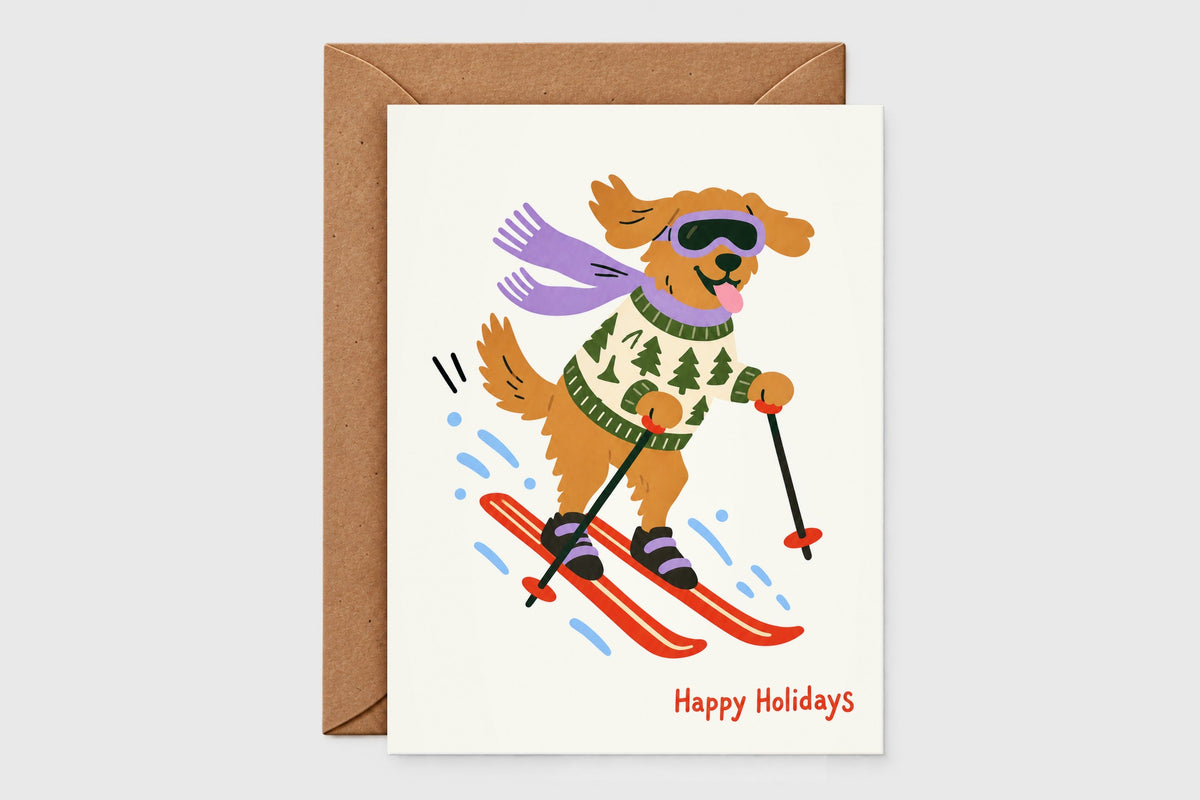 Skiing dog Happy Holidays Christmas card – part of the cozy Christmas card set of 3