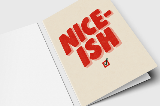 Funny Nice-ish Christmas card with bold retro 3D lettering and a checked checkbox on a cream background