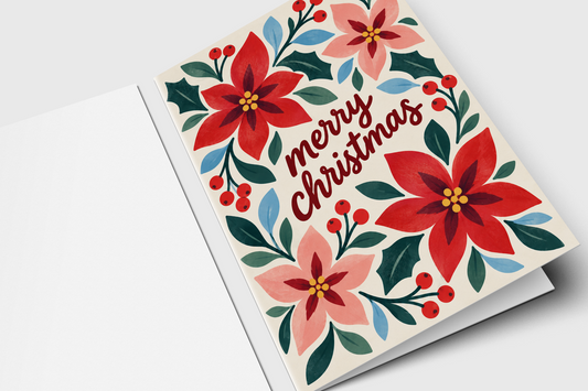 Folk art poinsettia Christmas card with hand-painted red poinsettias, holly leaves and berries