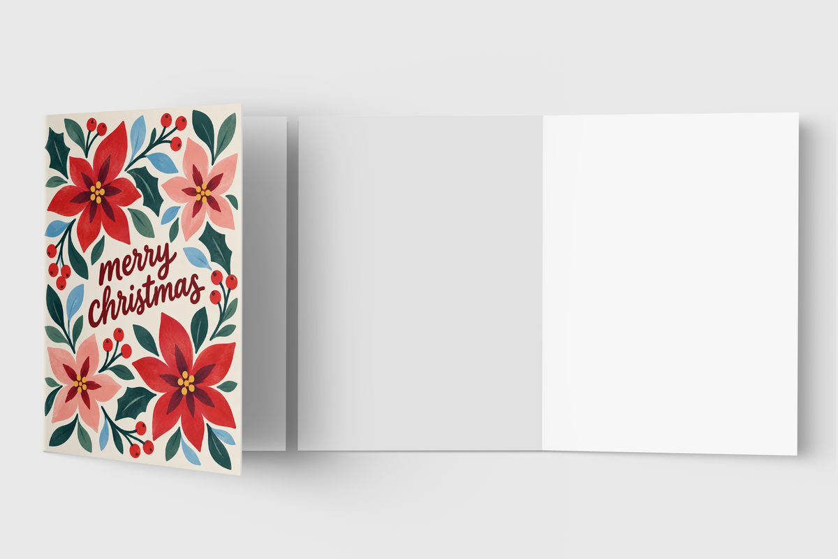 Poinsettia folk art Christmas card with kraft envelope