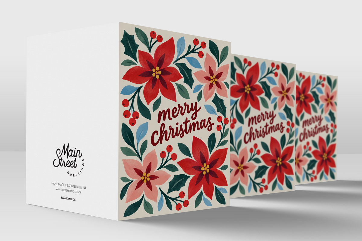 Poinsettia folk art Christmas card – detail view