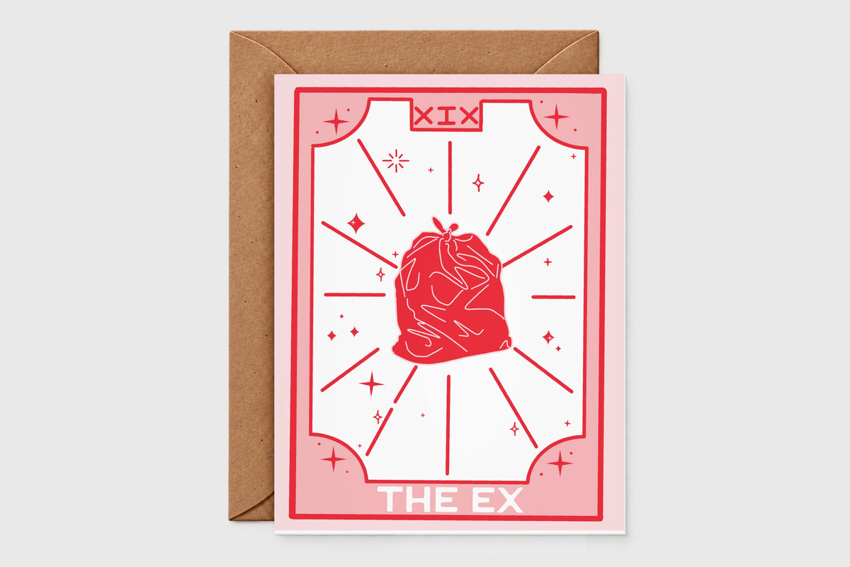 'The Ex' tarot-style breakup card in pink and red with a tied-up trash bag illustration
