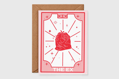 'The Ex' tarot-style breakup card in pink and red with a tied-up trash bag illustration
