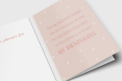 Mother's Day card for someone like a mom with rose lettering on blush polka dots